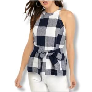 Women Crown & Ivy White Blue Linen Halter Peplum Top 10 Preppy Coastal Career